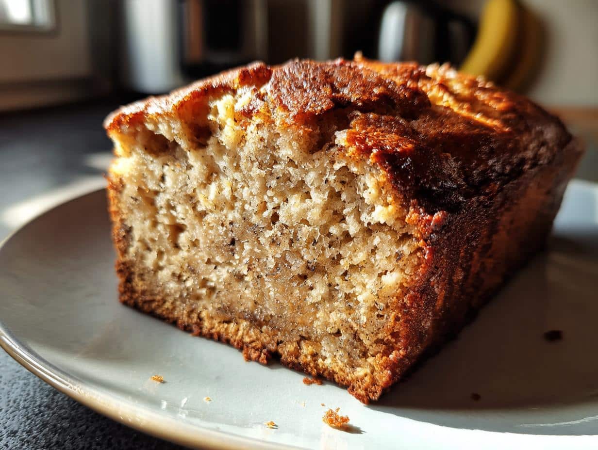 Close-up of banana bread made with sourdough discard recipes, showing the moist crumb and golden crust.