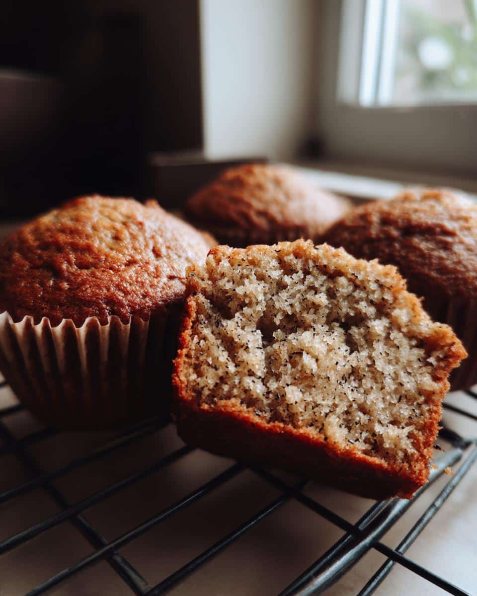 Freshly baked sourdough discard banana muffins cooling on a wire rack, one muffin cut in half to show the texture.