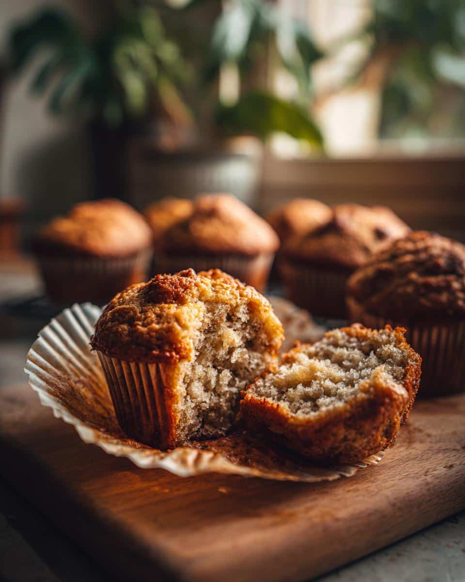 A sourdough discard banana muffin, broken open, sits on a wooden board with other muffins in the background.