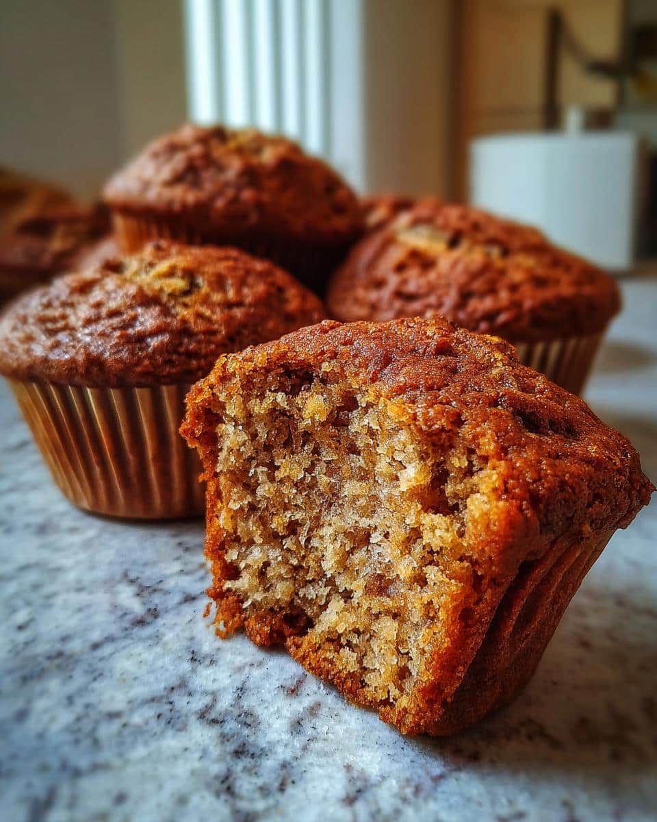 Close-up of sourdough discard banana muffins, one with a bite taken out, showing the moist interior.