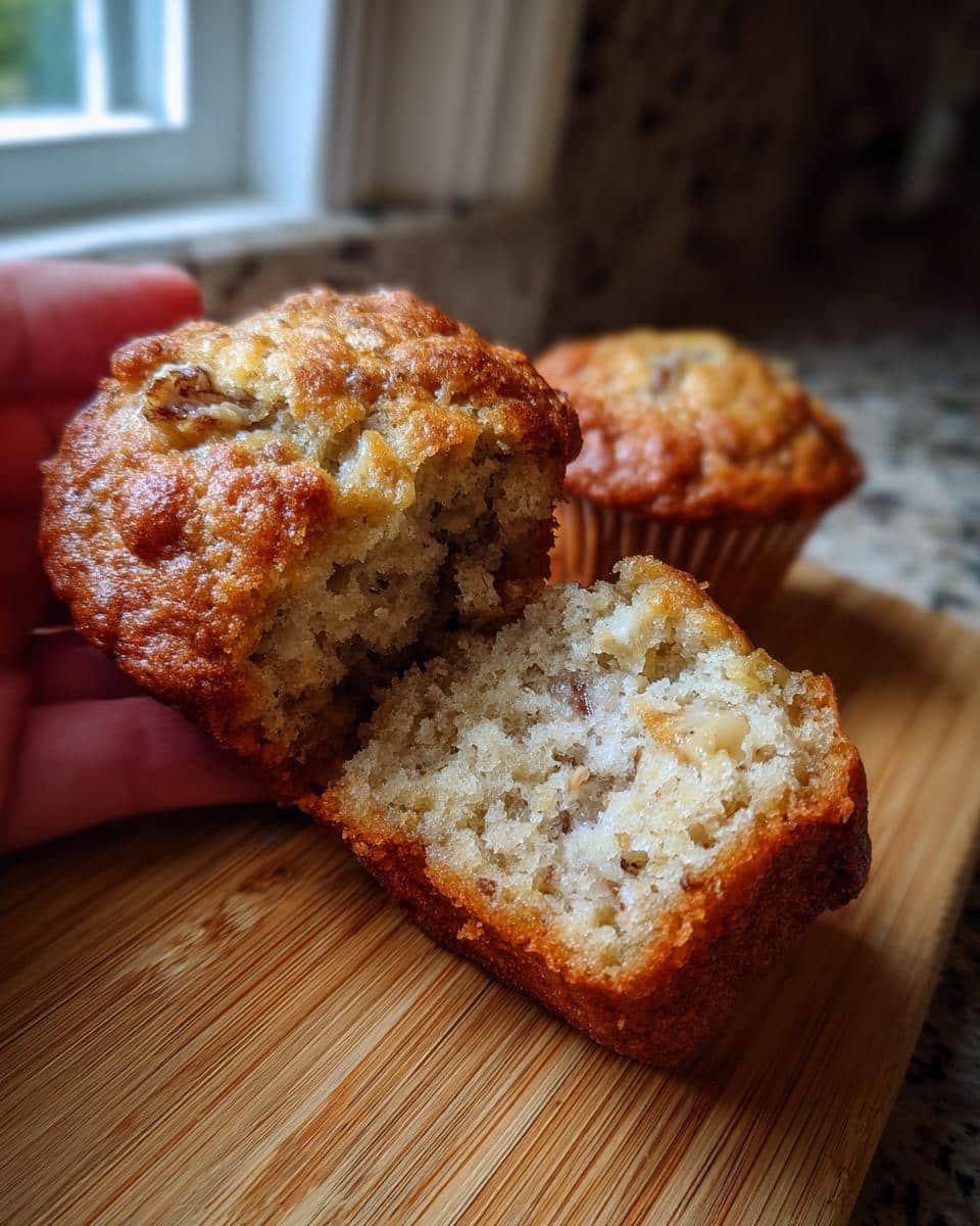 Close-up of a sourdough discard banana muffin, broken open to show the texture. Another muffin is in the background.