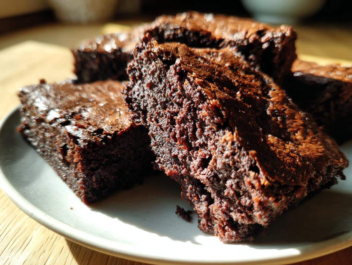 Close-up of several fudgy sourdough discard brownies stacked on a plate, showcasing their rich, dark chocolate color.