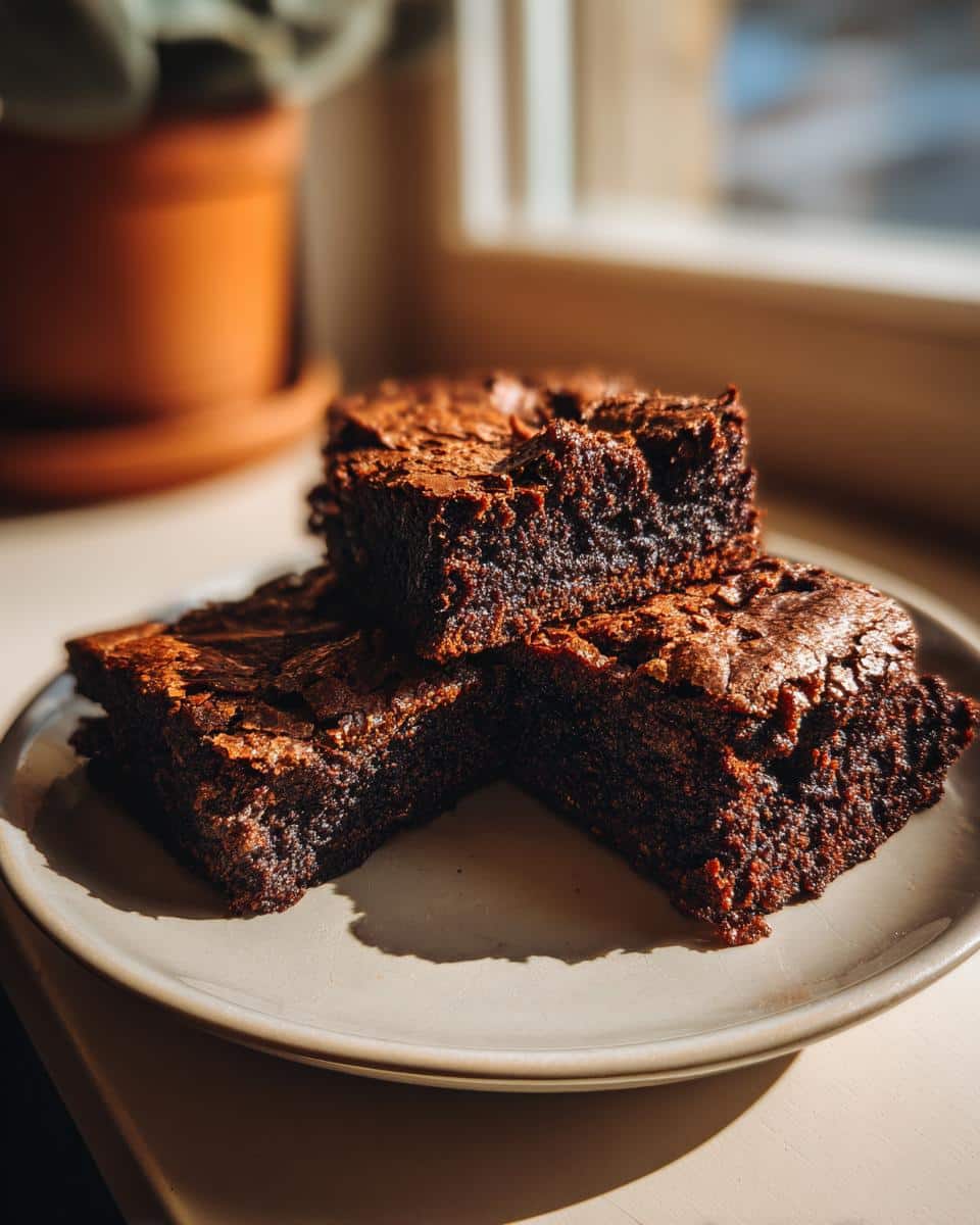 Three sourdough discard brownies stacked on a plate, showcasing their rich, fudgy texture.