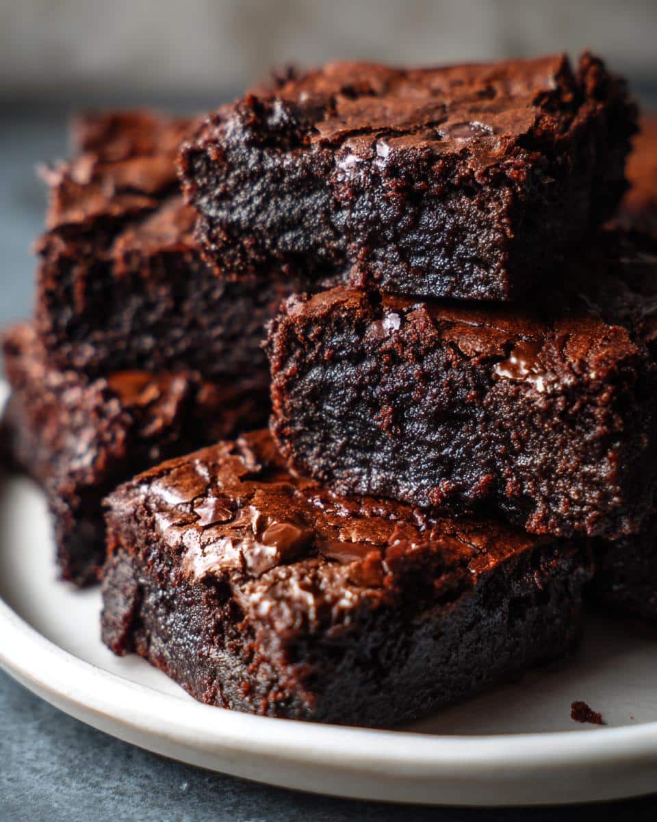 A stack of freshly baked sourdough discard brownies on a white plate, showcasing their fudgy texture and rich chocolate color.