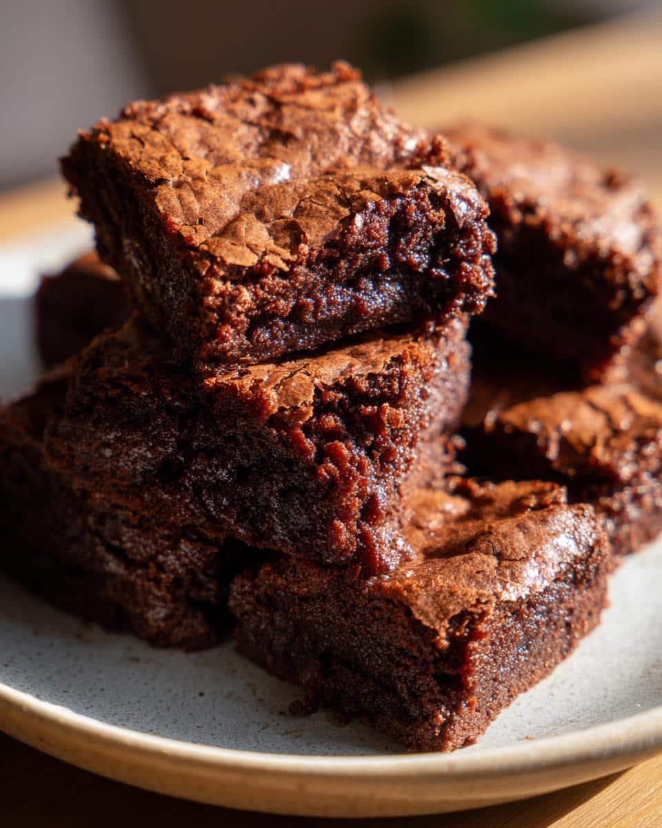 A stack of fudgy sourdough discard brownies on a plate, showcasing their rich, chocolatey texture.