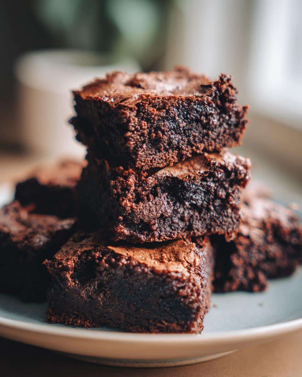A stack of fudgy sourdough discard brownies on a plate, showcasing their rich, dark chocolate color and texture.