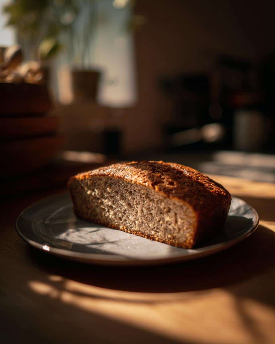 A slice of banana bread made with sourdough discard recipes, sitting on a plate with sunlight.