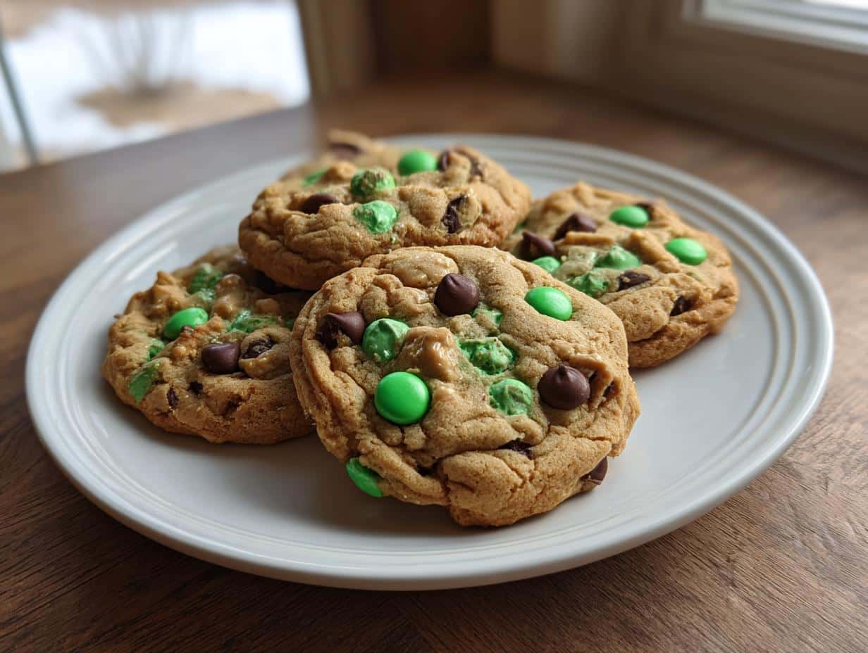 Four St Patrick’s Day cookies with green candies and chocolate chips on a white plate.