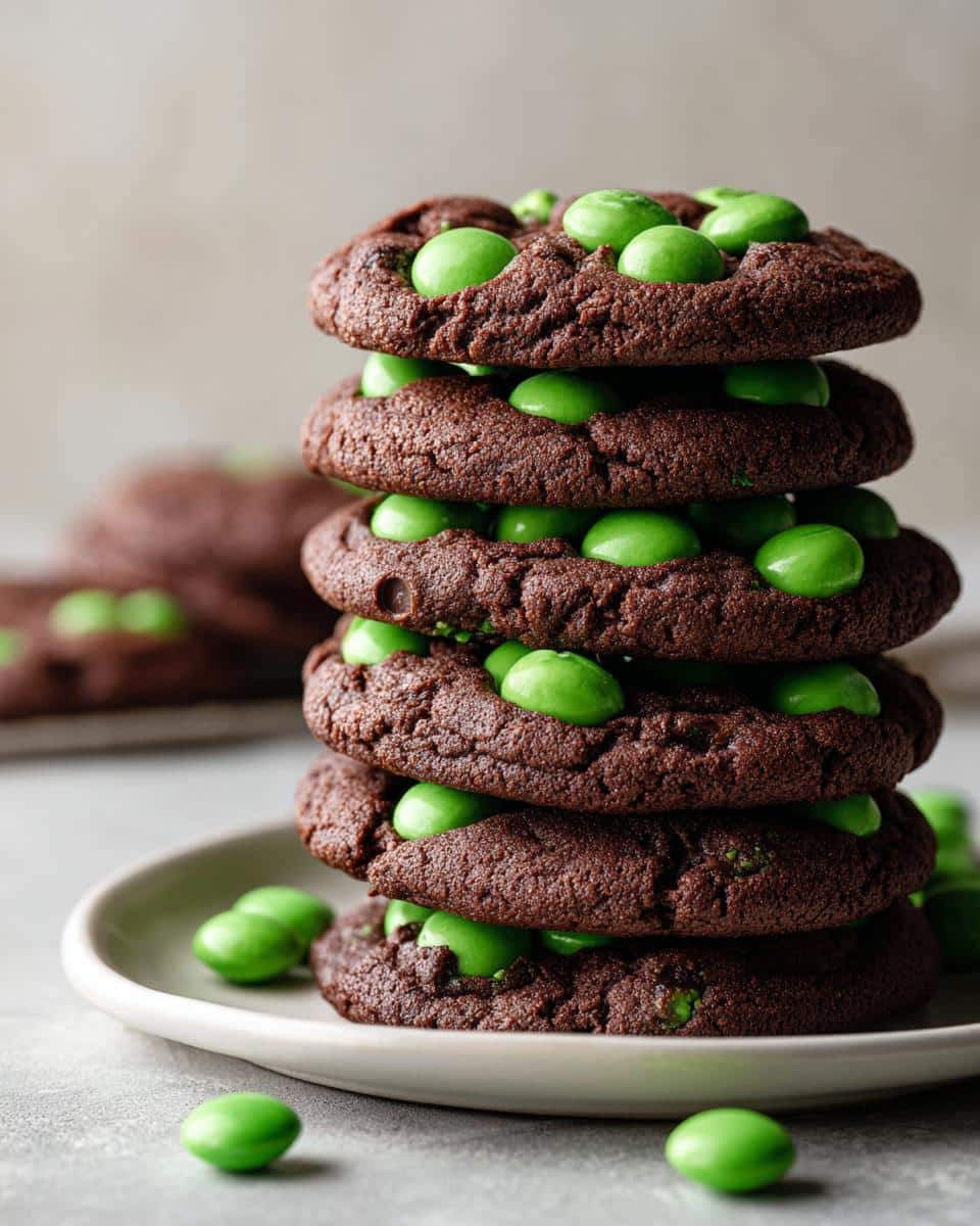 A stack of homemade chocolate St Patrick’s Day cookies, topped with green candies.