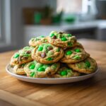 A stack of homemade St Patrick’s Day cookies with green M&Ms and chocolate chips on a white plate.