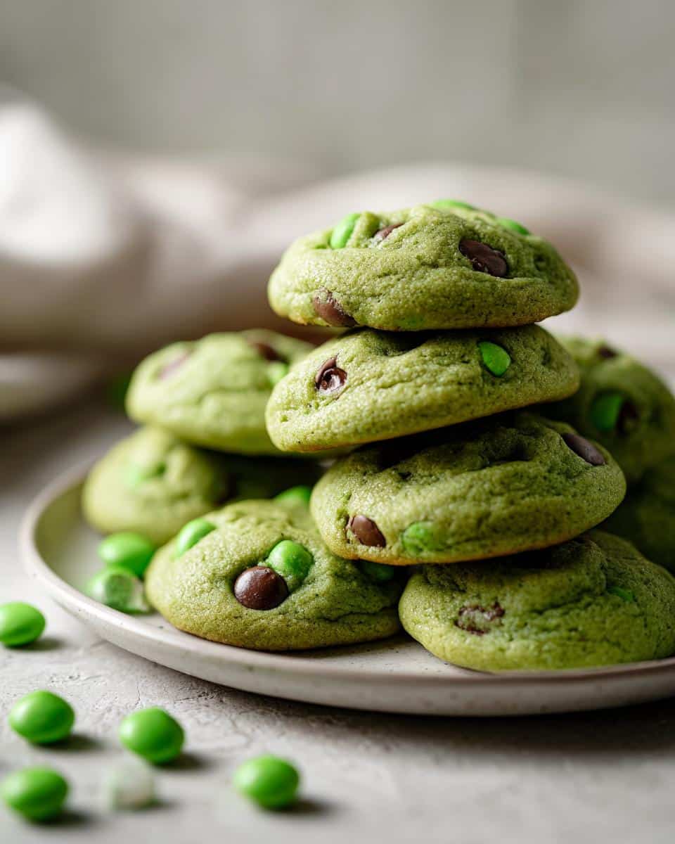 A stack of green St Patrick’s Day cookies with chocolate chips and green candies on a plate.