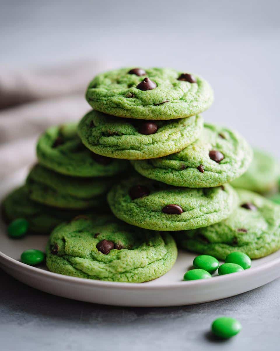 A stack of green St Patrick’s Day cookies with chocolate chips on a white plate, surrounded by green candies.