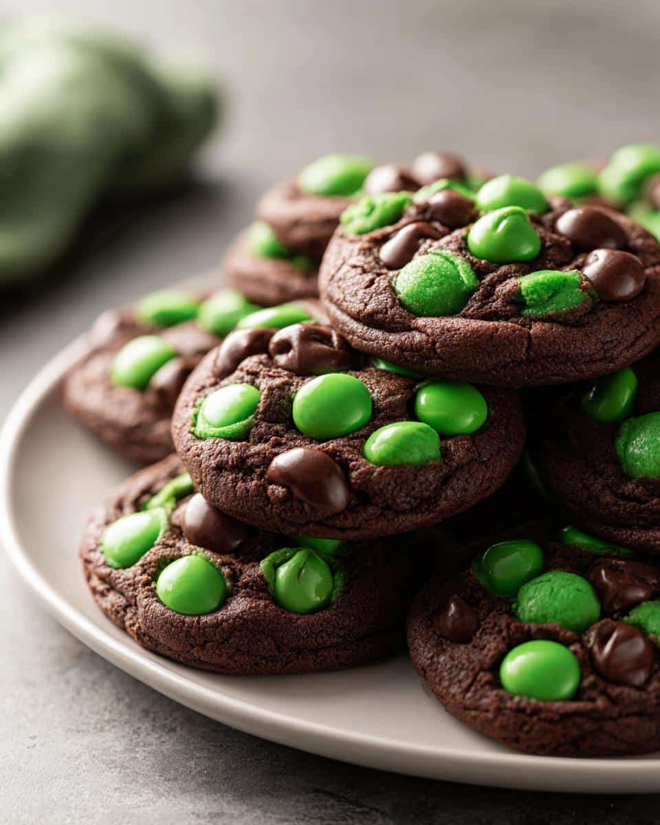 A stack of freshly baked St Patrick’s Day cookies, featuring green candies and chocolate chips, on a white plate.