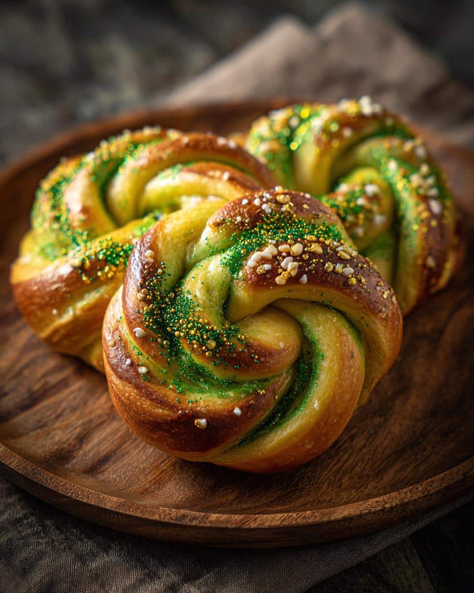 Three braided buns, decorated with green and gold sprinkles, on a wooden plate. St Patrick’s Day treats.