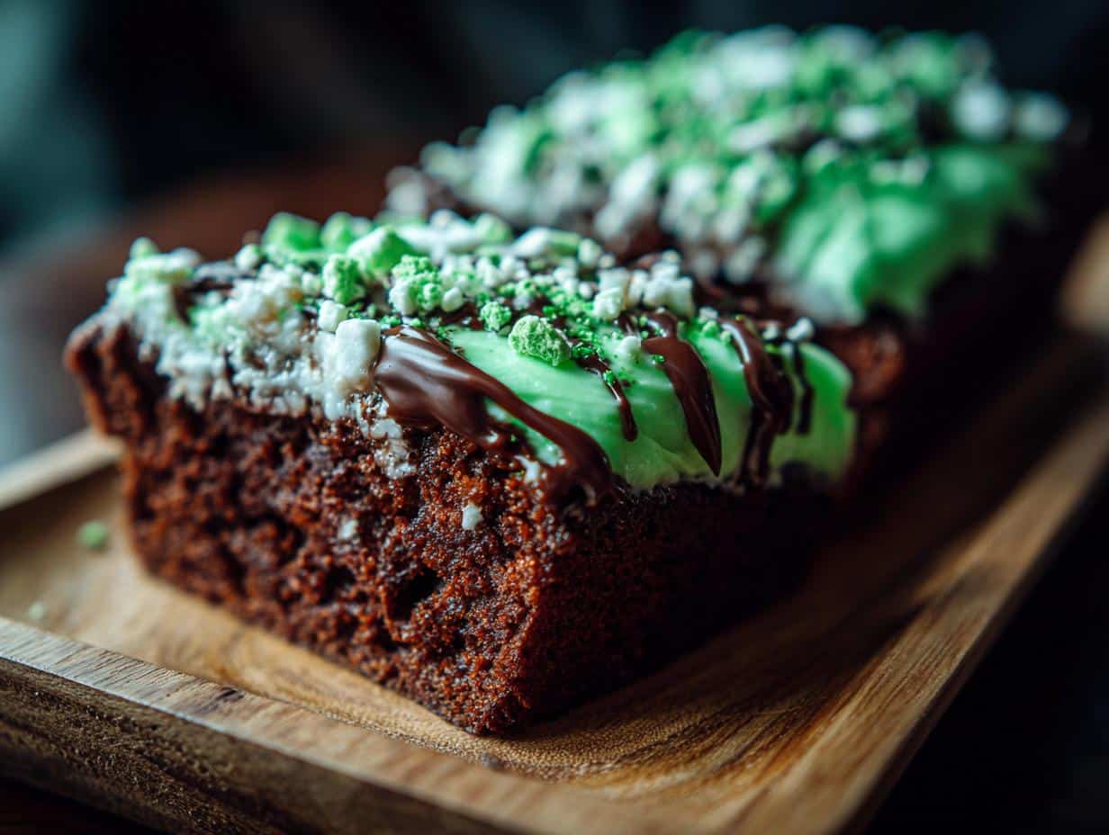Close-up of a brownie slice, a festive St Patrick’s Day treat, with green frosting and chocolate drizzle.