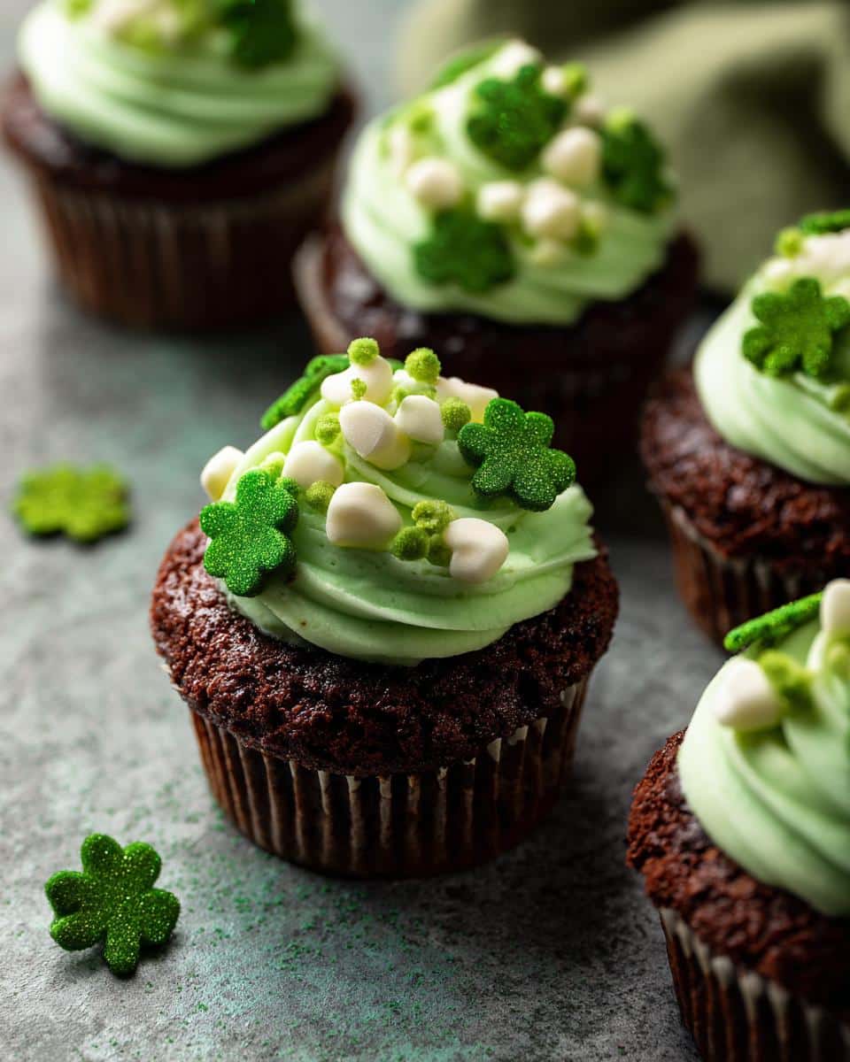 Festive St Patrick’s Day treats: chocolate cupcakes with green frosting, shamrock sprinkles, and mini marshmallows.