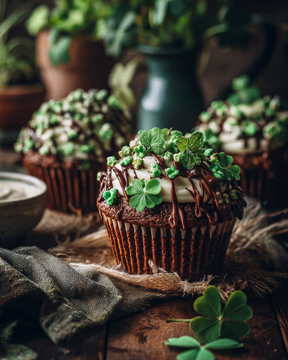 Three chocolate cupcakes decorated with white frosting, chocolate drizzle, shamrocks, and mint leaves for St Patrick’s Day treats.