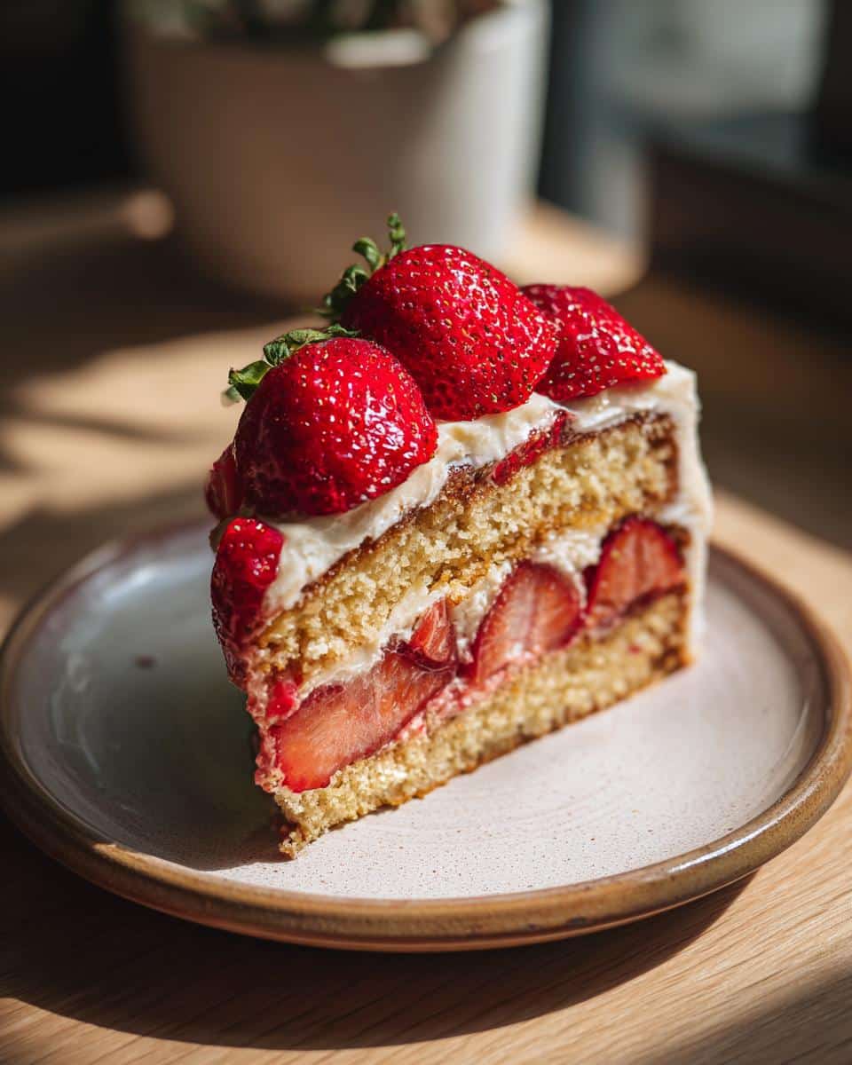 A delicious slice of strawberry cake, showcasing layers of cake, cream, and fresh strawberries. One of our best fresh strawberry recipes.