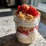 Jar of strawberry cheesecake overnight oats with layers of oats, cream, strawberries, and graham cracker crumble.