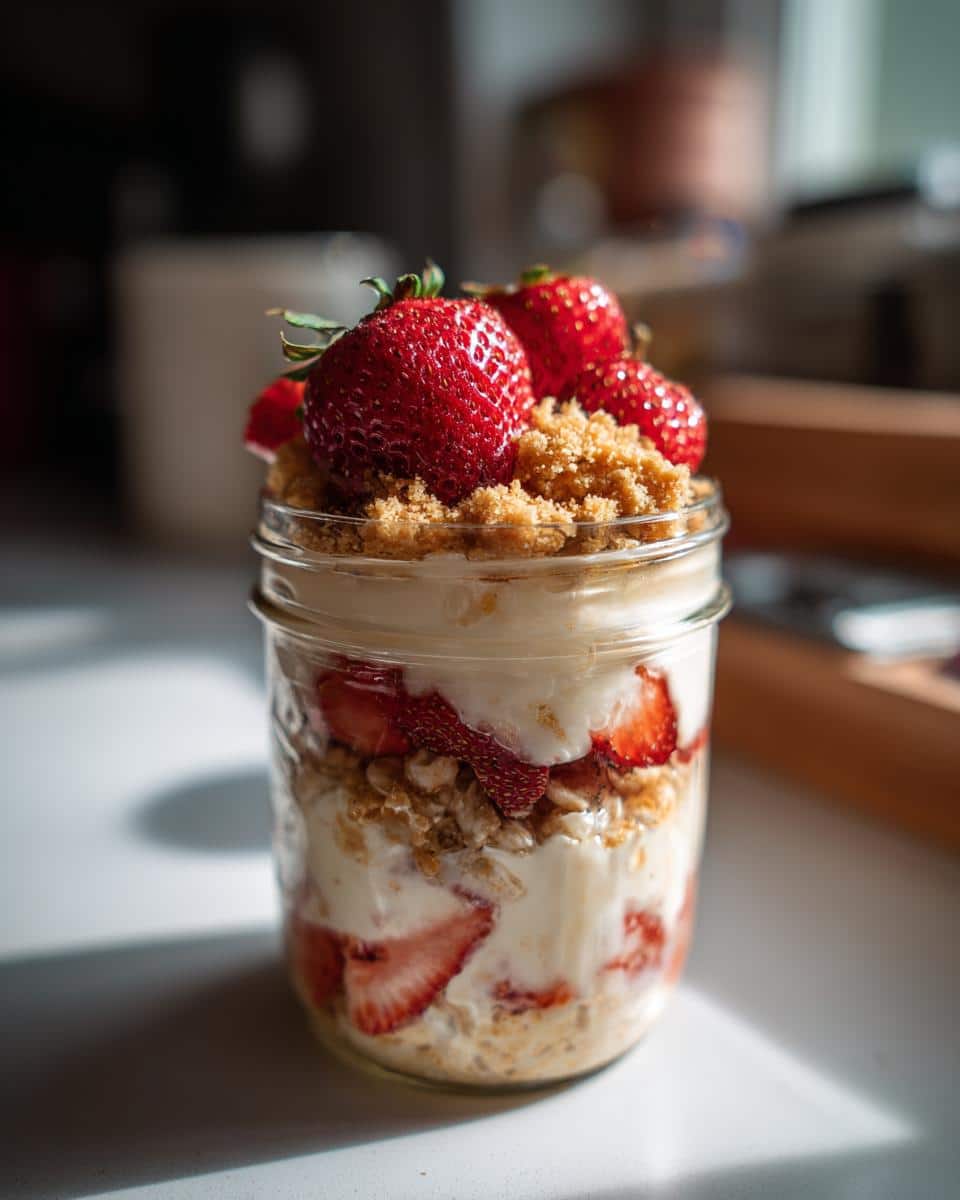 Layered strawberry cheesecake overnight oats in a glass jar, topped with fresh strawberries and crumble.