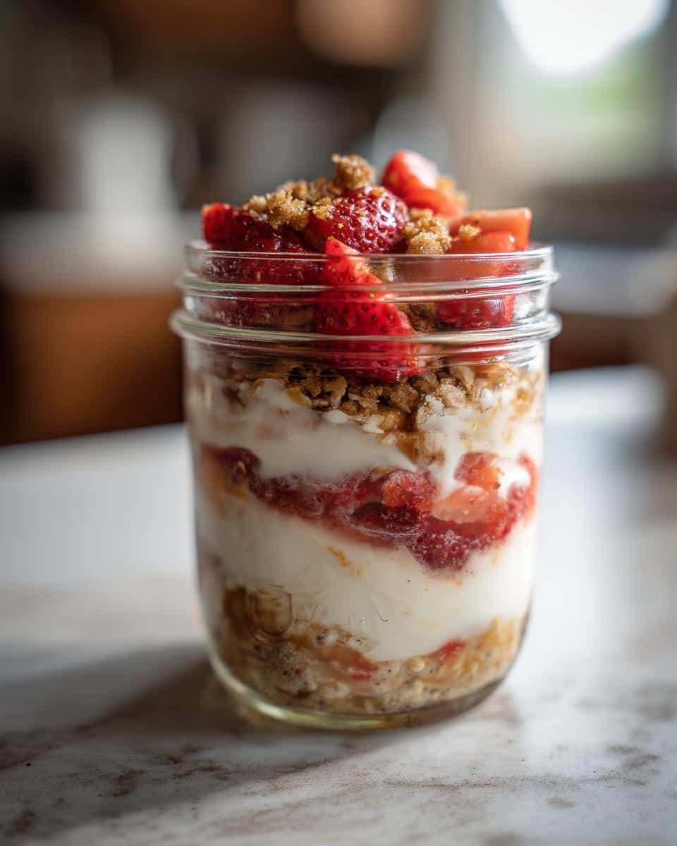 Mason jar filled with layers of strawberry cheesecake overnight oats, topped with fresh strawberries and crumble.
