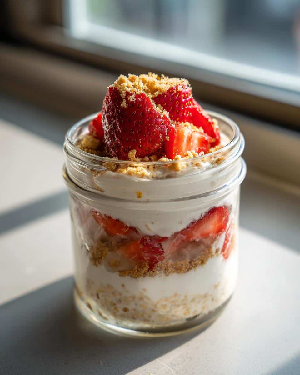 A jar of strawberry cheesecake overnight oats, layered with oats, cream, strawberries and graham cracker crumbs.