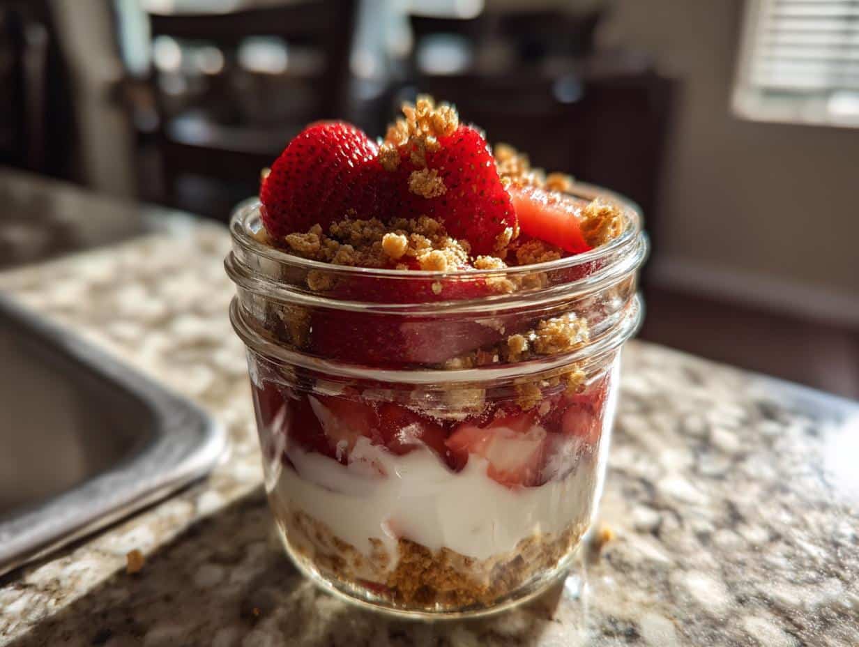 Jar of strawberry cheesecake overnight oats with layers of strawberries, cream, and graham cracker crumble.