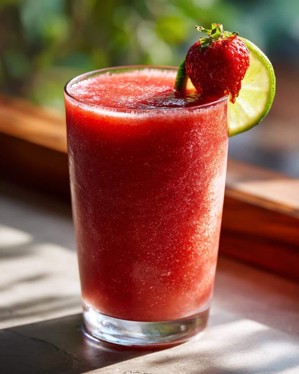A vibrant strawberry daiquiri recipe drink garnished with a fresh strawberry and lime wedge.