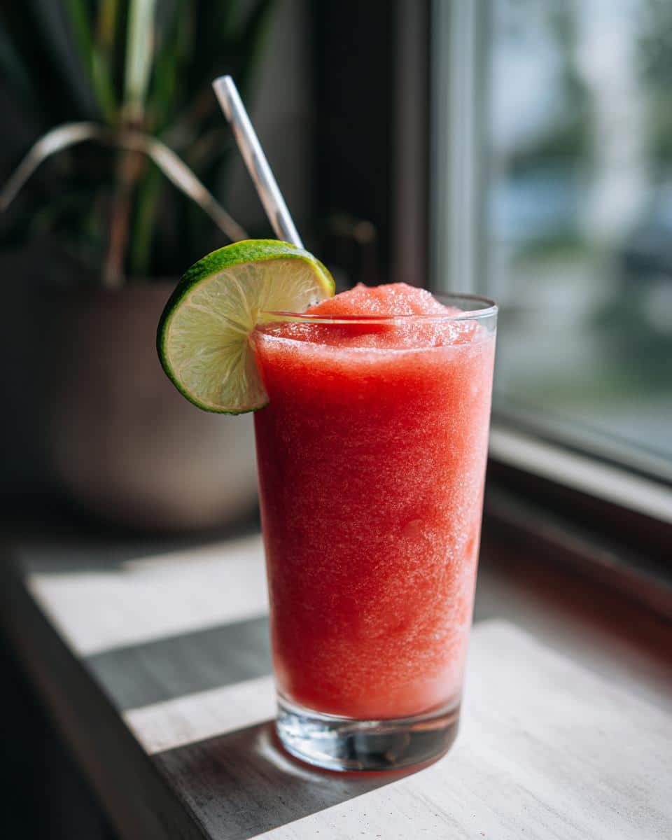 A vibrant strawberry daiquiri recipe drink in a glass, garnished with a lime wedge and a straw.