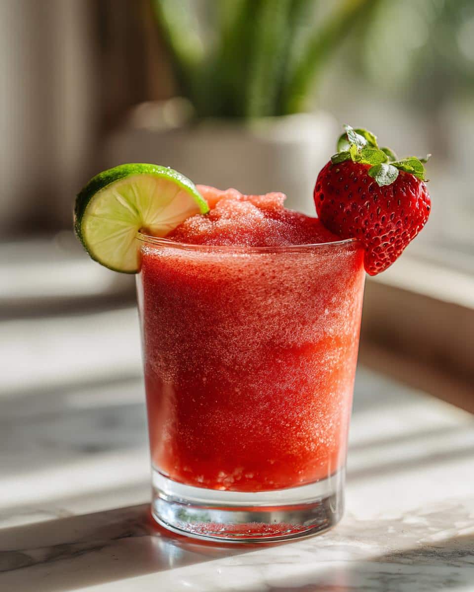 A vibrant strawberry daiquiri recipe drink with a lime wedge and fresh strawberry garnish.