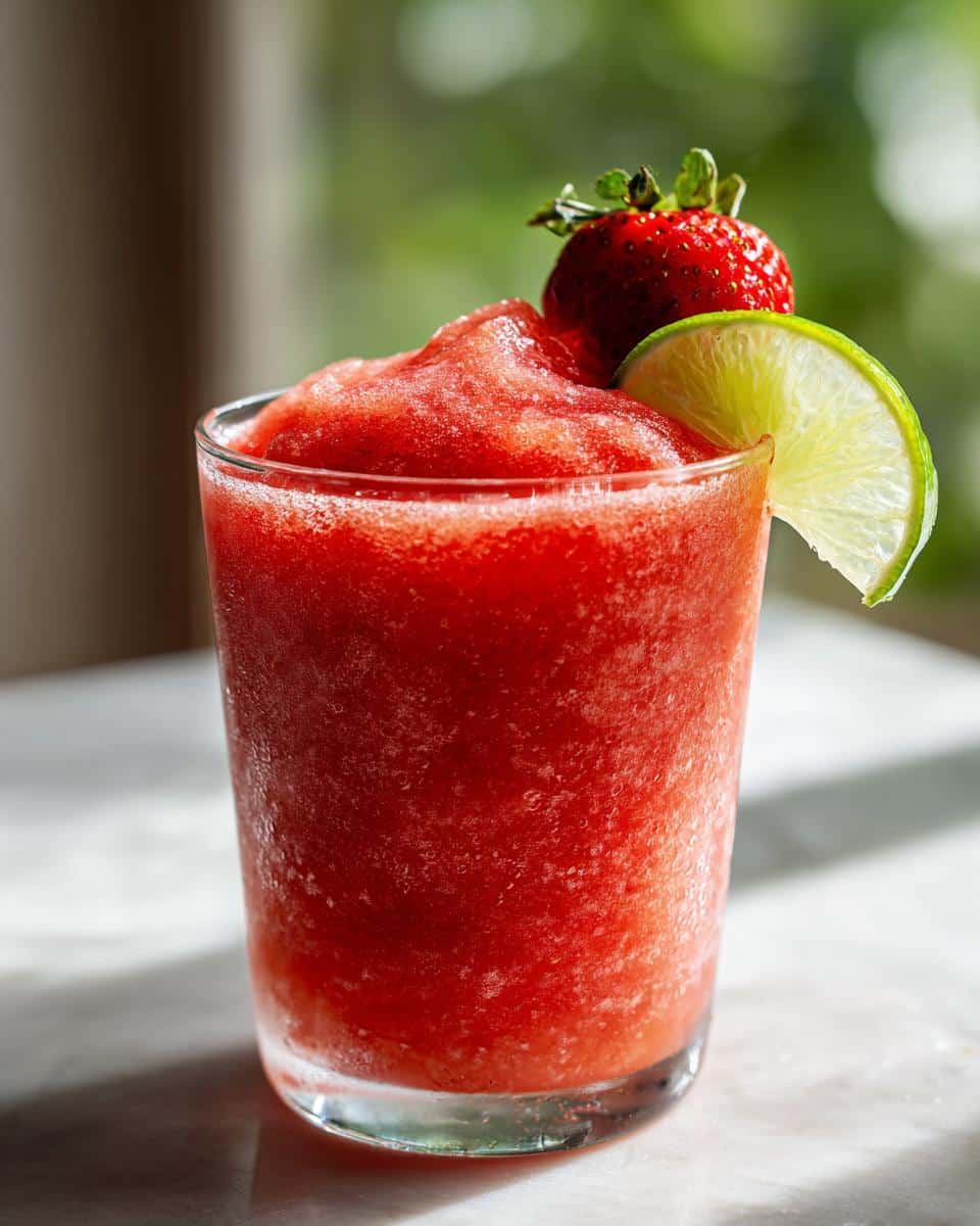 A frosty strawberry daiquiri recipe in a glass, garnished with a strawberry and lime wedge.