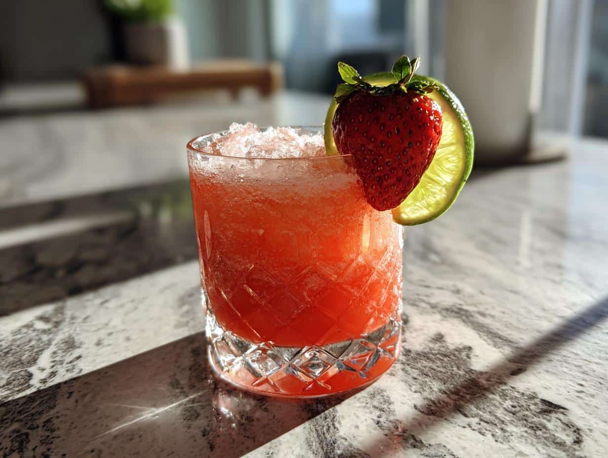 Icy strawberry daiquiri recipe in a glass, garnished with a fresh strawberry and lime slice.