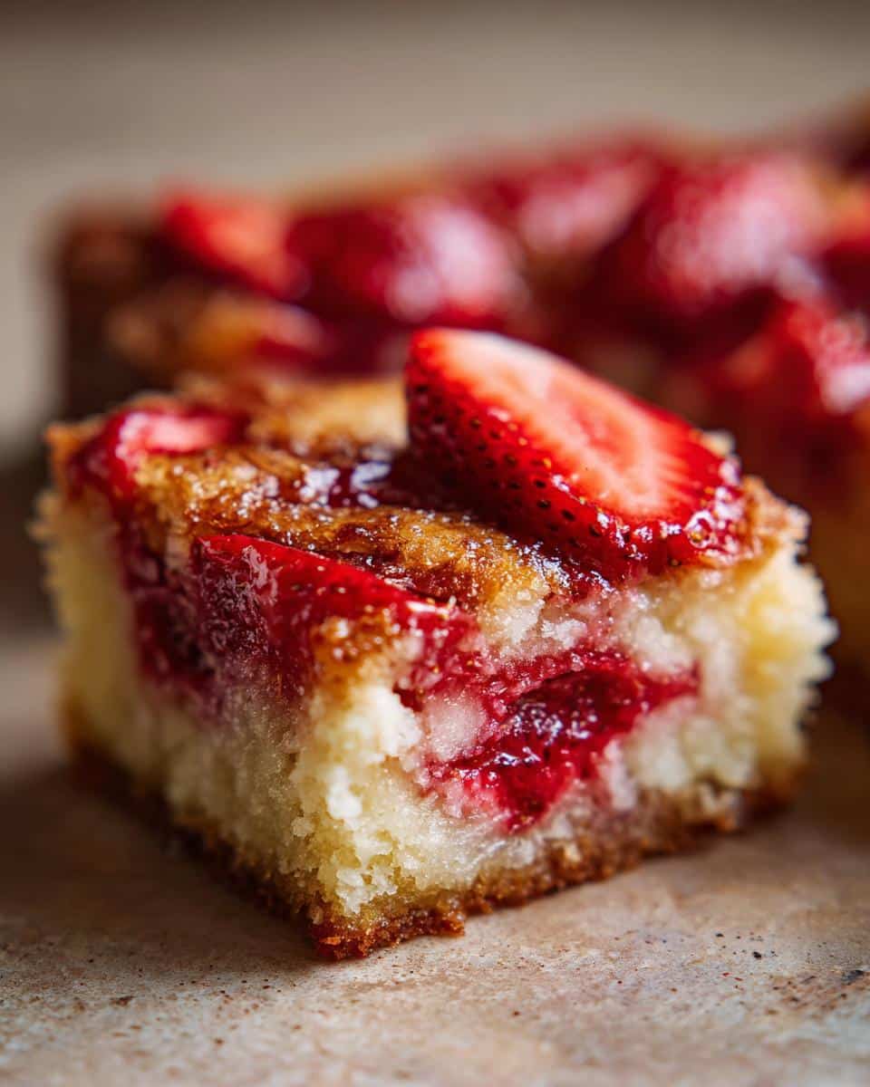 Close-up of a slice of Strawberry Dump Cake, showing the strawberry filling and cake layers.