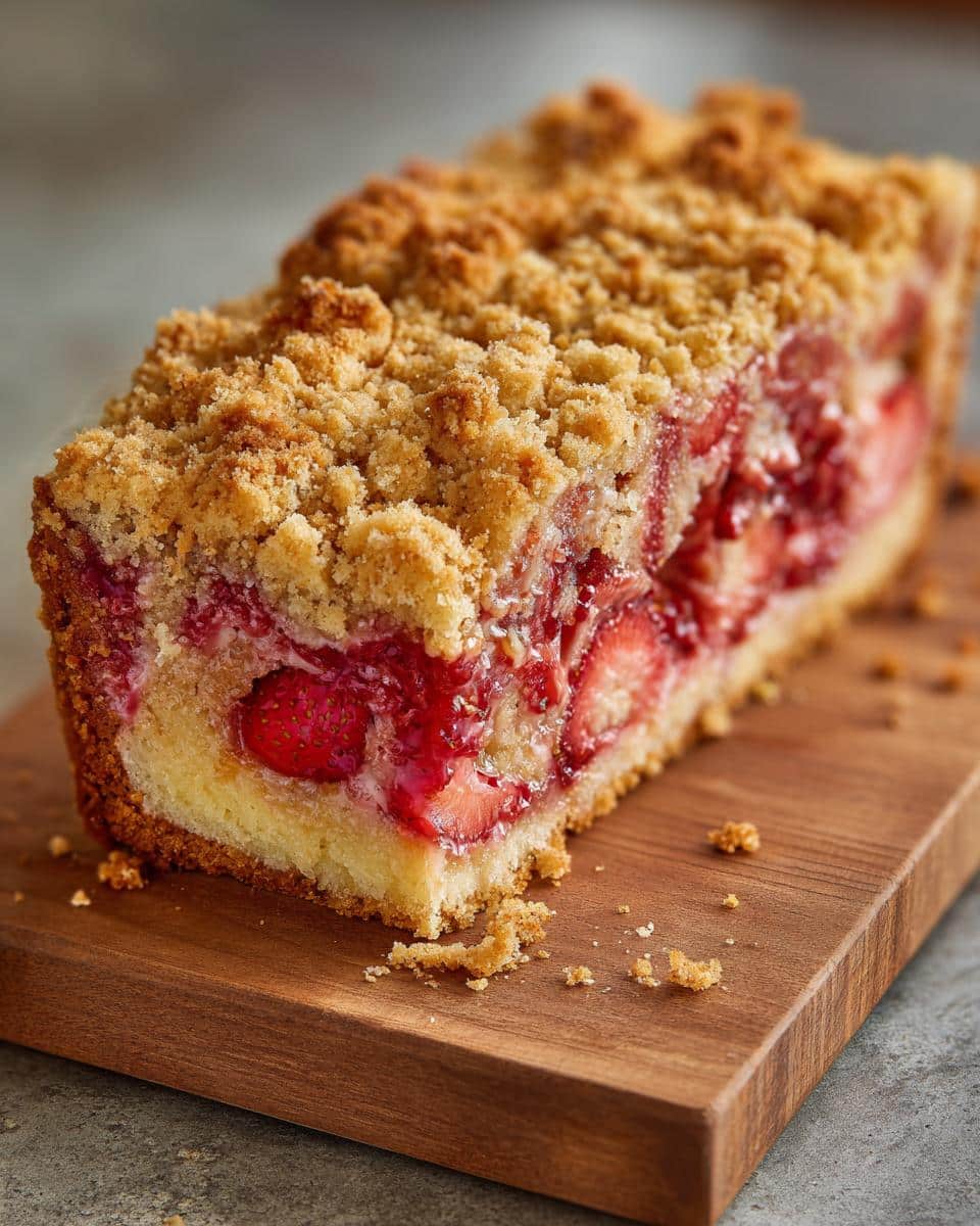 A delicious slice of Strawberry Dump Cake with a golden crumb topping and juicy strawberry filling.