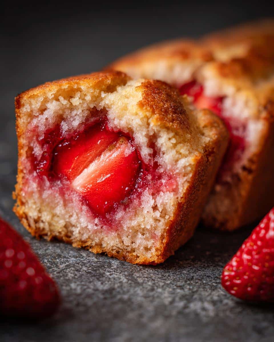 Close-up of a slice of Strawberry Dump Cake, showcasing fresh strawberries baked inside the cake.