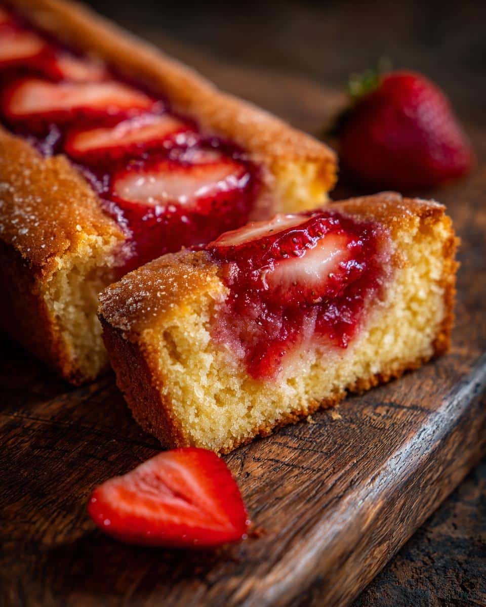 A slice of Strawberry Dump Cake with fresh strawberries on a wooden board. Simple and delicious dessert.