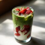 A refreshing strawberry matcha latte in a glass with ice and fresh strawberries.