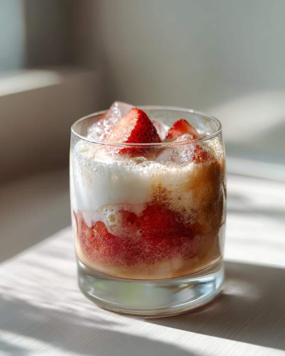 A refreshing strawberry matcha latte in a glass with ice and strawberry pieces.