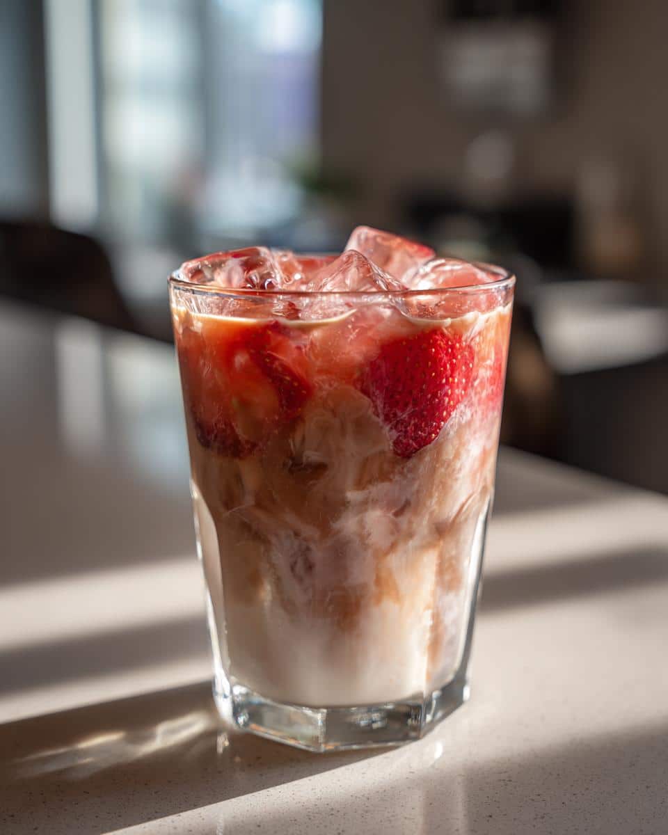 A refreshing strawberry matcha latte with ice and fresh strawberries in a clear glass.