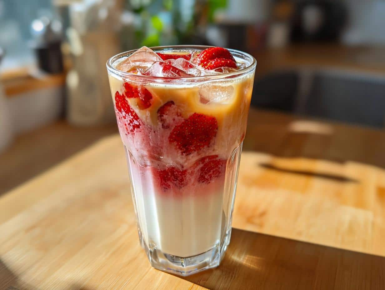A refreshing strawberry matcha latte with ice and fresh strawberries in a clear glass.