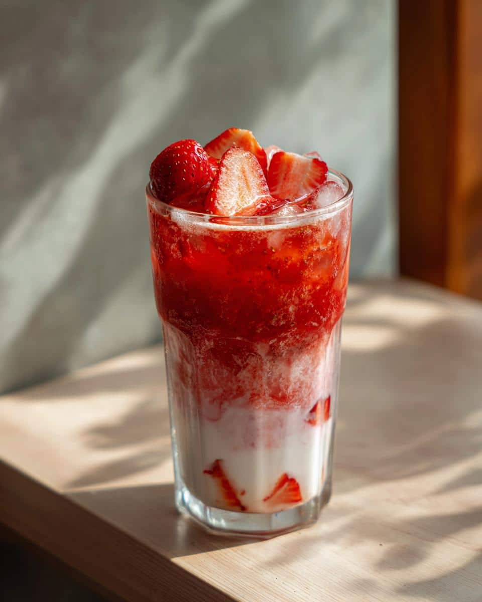 Iced strawberry matcha latte in a tall glass, topped with fresh strawberries. A refreshing drink.