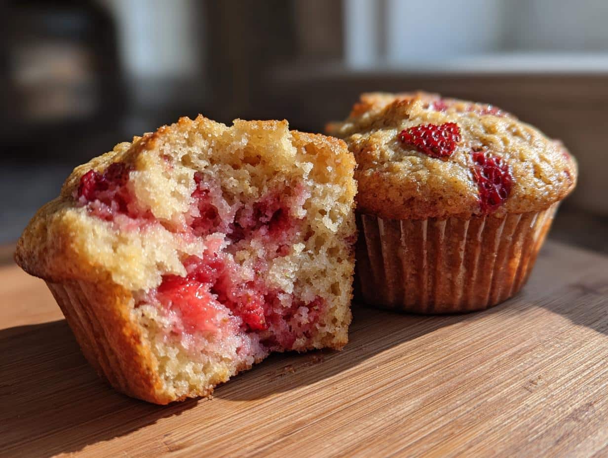 Two strawberry muffins on a wooden board, one cut in half to show the fresh strawberries inside.