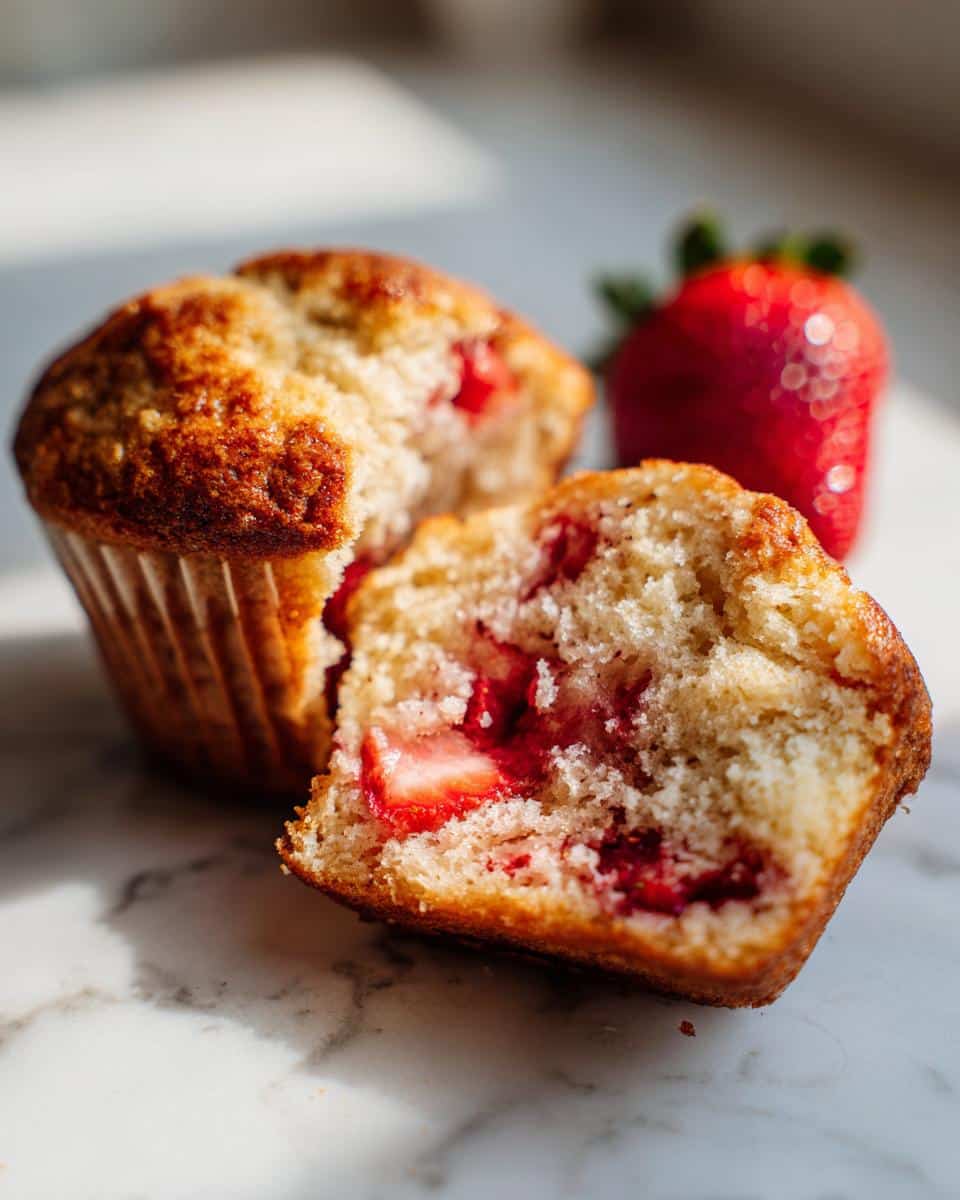 Close-up of two strawberry muffins, one halved to show the strawberry filling, with a fresh strawberry in the background.