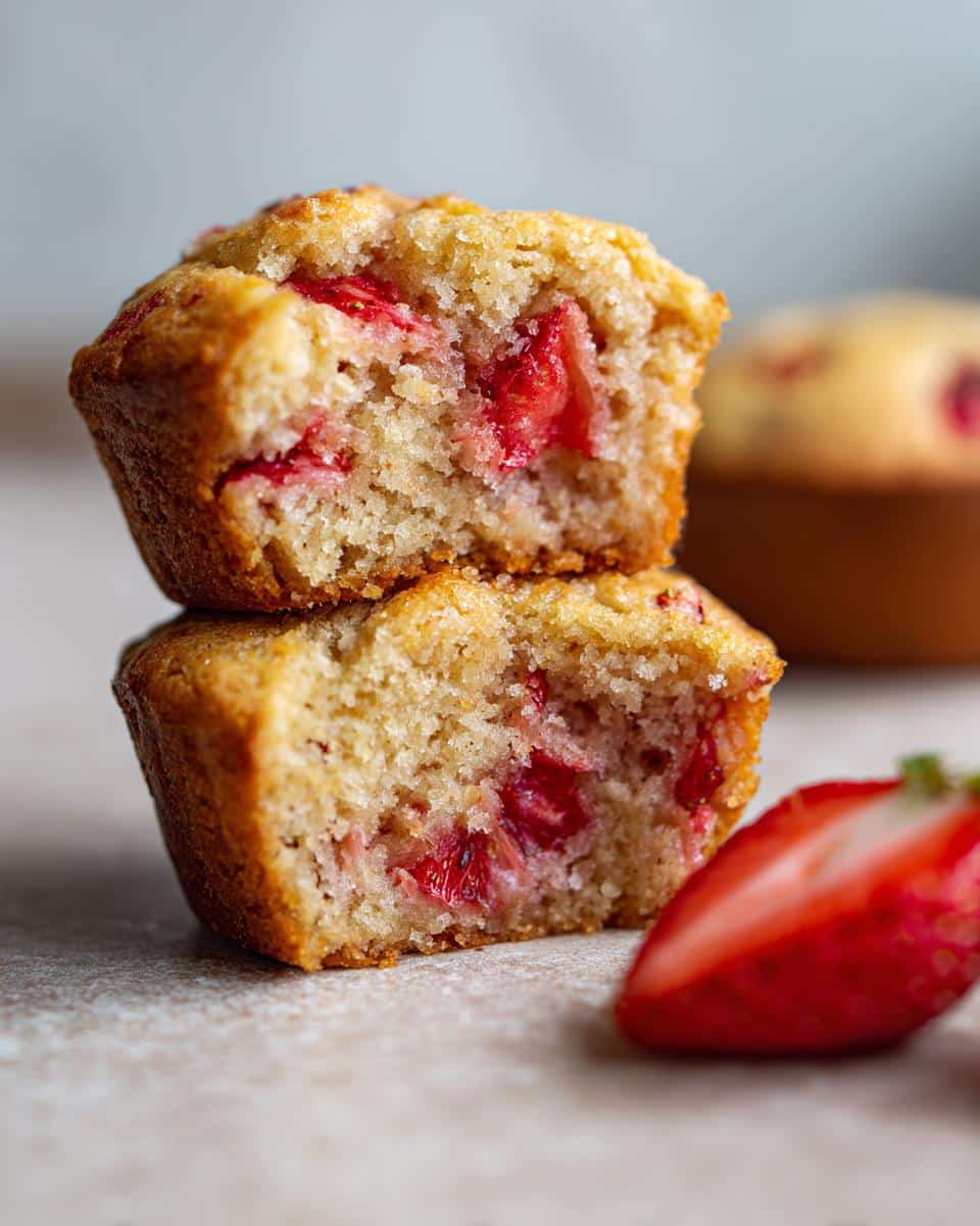 Two halves of a strawberry muffin stacked, showing the strawberry pieces inside.