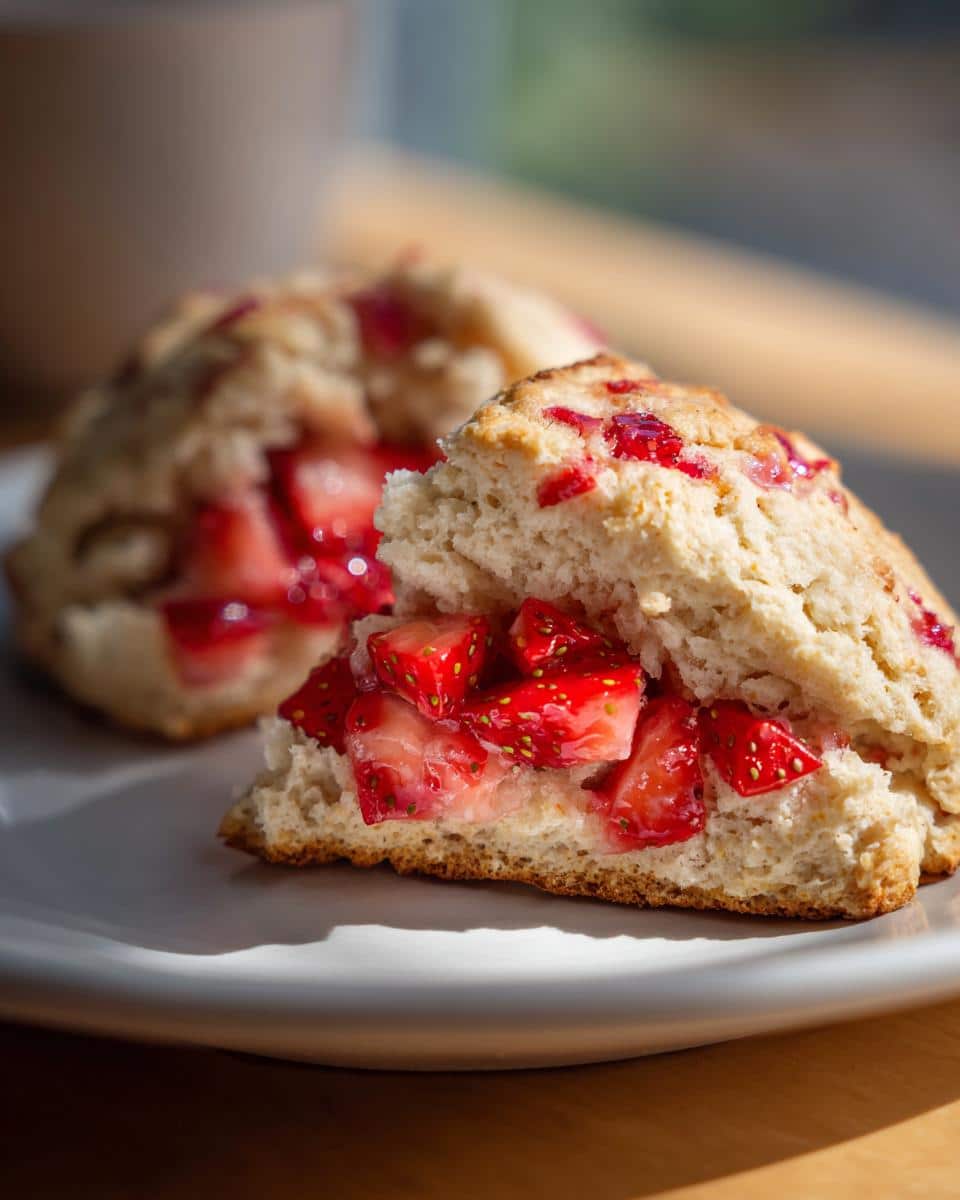 Close-up of a halved strawberry scone filled with fresh, juicy strawberries on a white plate. Delicious strawberry scones.