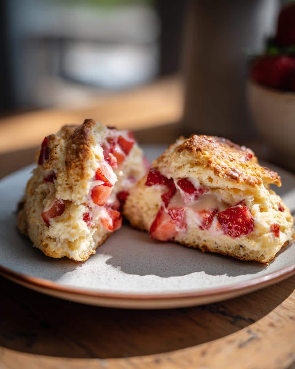 Two halves of a strawberry scone on a plate, filled with fresh strawberries and cream.