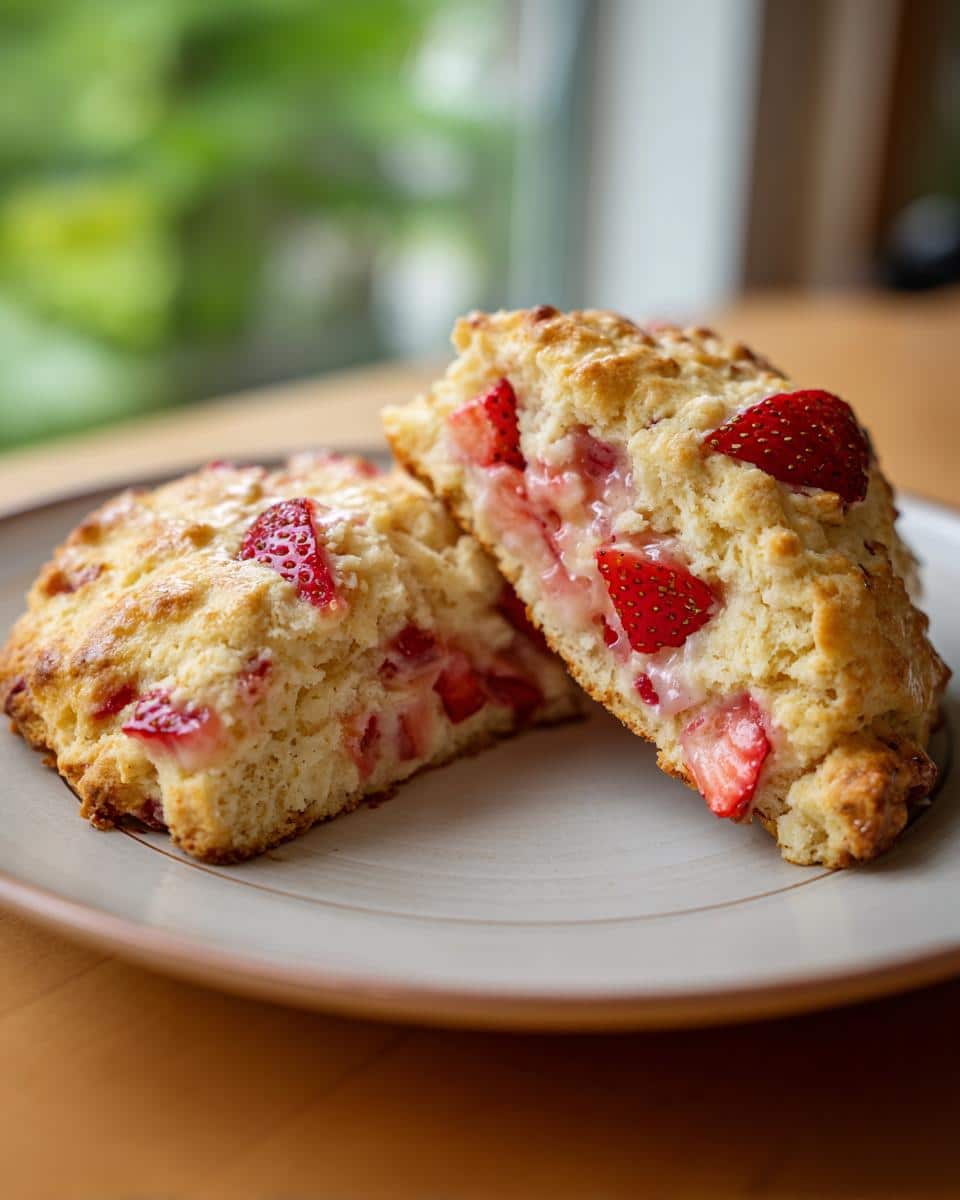 Two halves of a strawberry scone on a plate, showcasing the fresh strawberries inside.