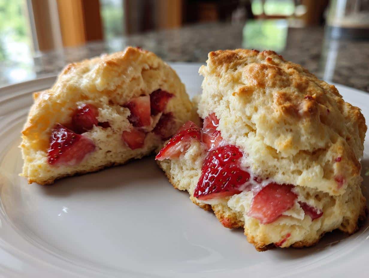Two halves of a freshly baked strawberry scone on a white plate, revealing juicy strawberries inside.