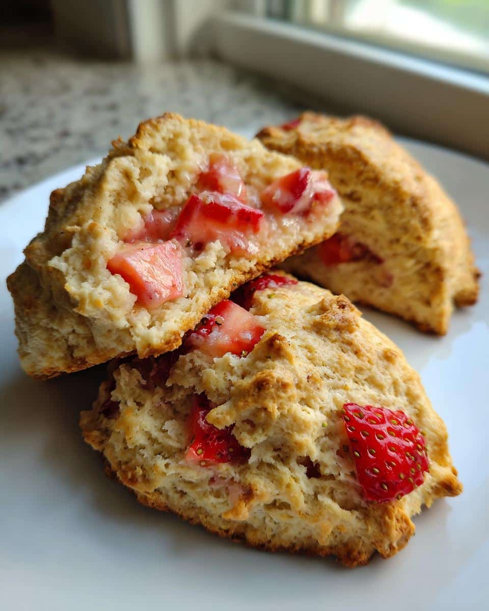 Three homemade strawberry scones on a white plate, one cut in half to show the strawberry filling.