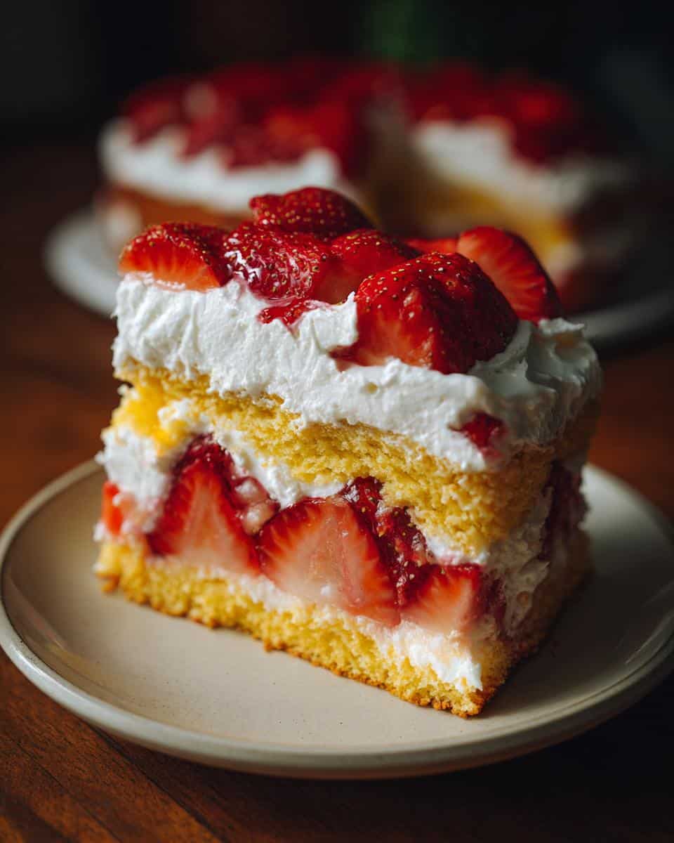 A delicious slice of strawberry shortcake with layers of cake, fresh strawberries, and whipped cream.